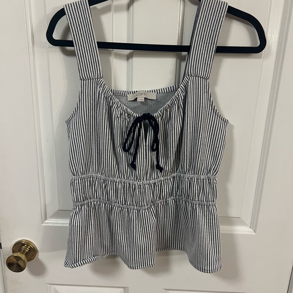 LOFT White and NavyTie Front Peplum Tank Top Med